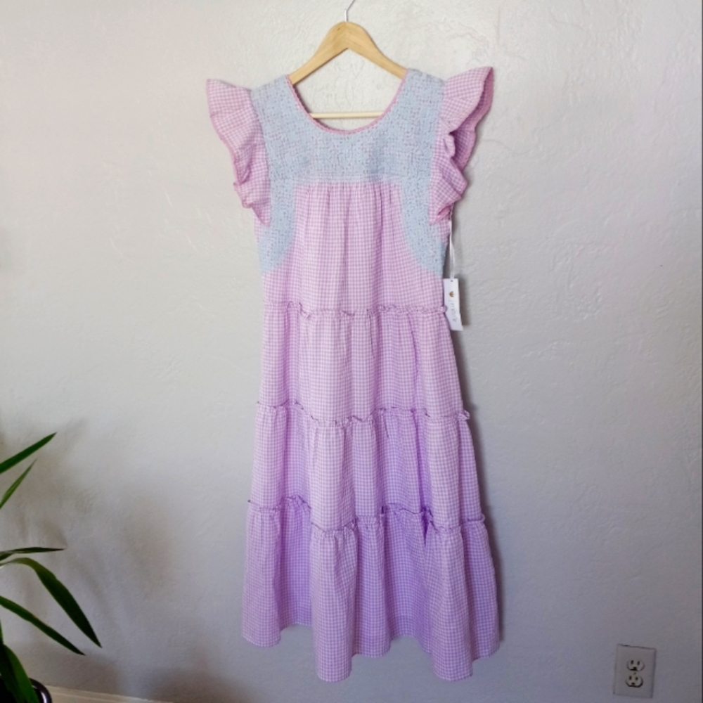 J. Marie Kayla Tiered Midi Dress Purple Gingham Embroidery S - Picture 12 of 12